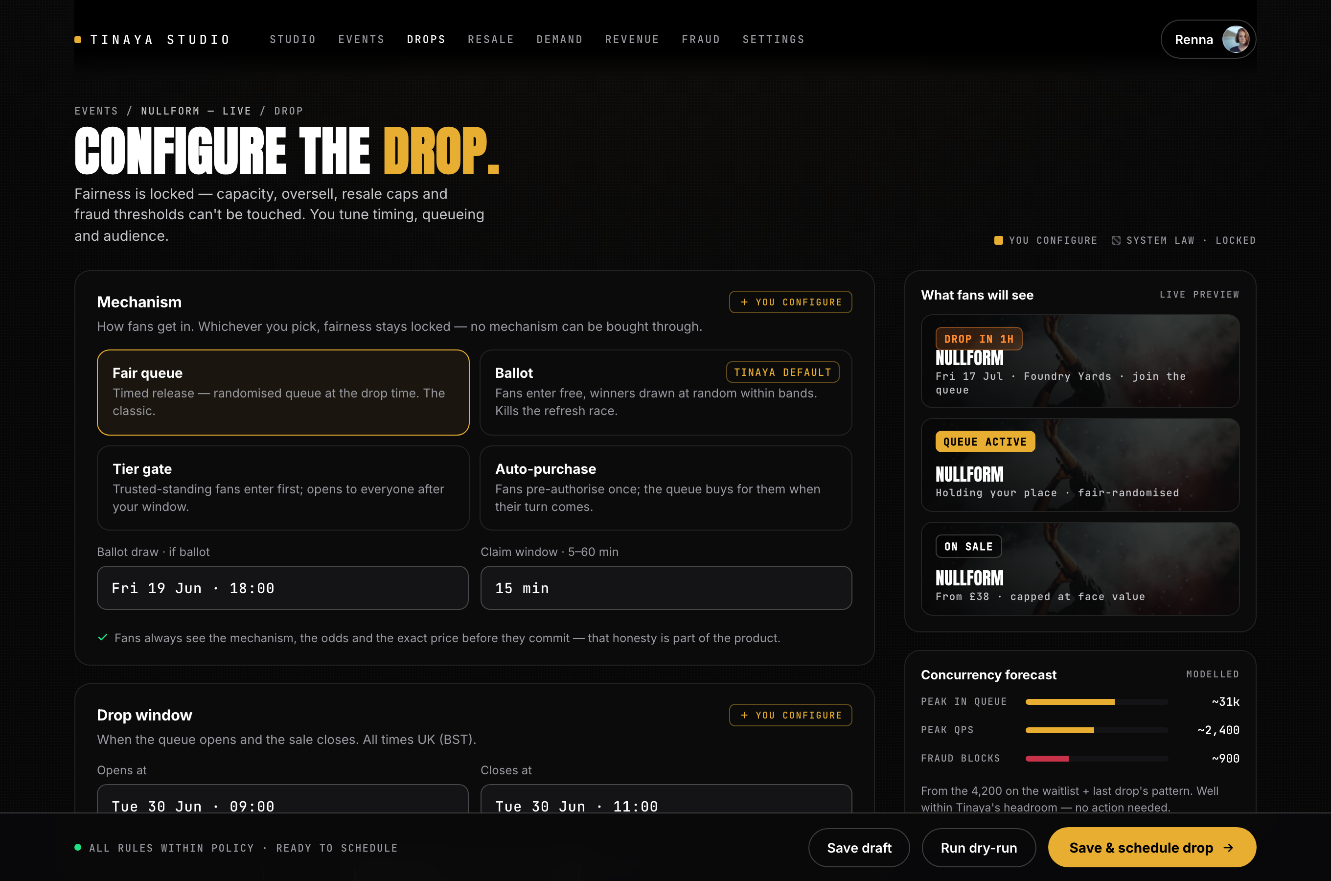 The drop console — fairness locked, fan preview alongside