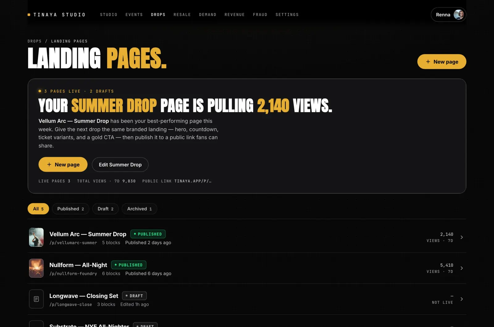 Build your artist page, drops, community, merch in one place