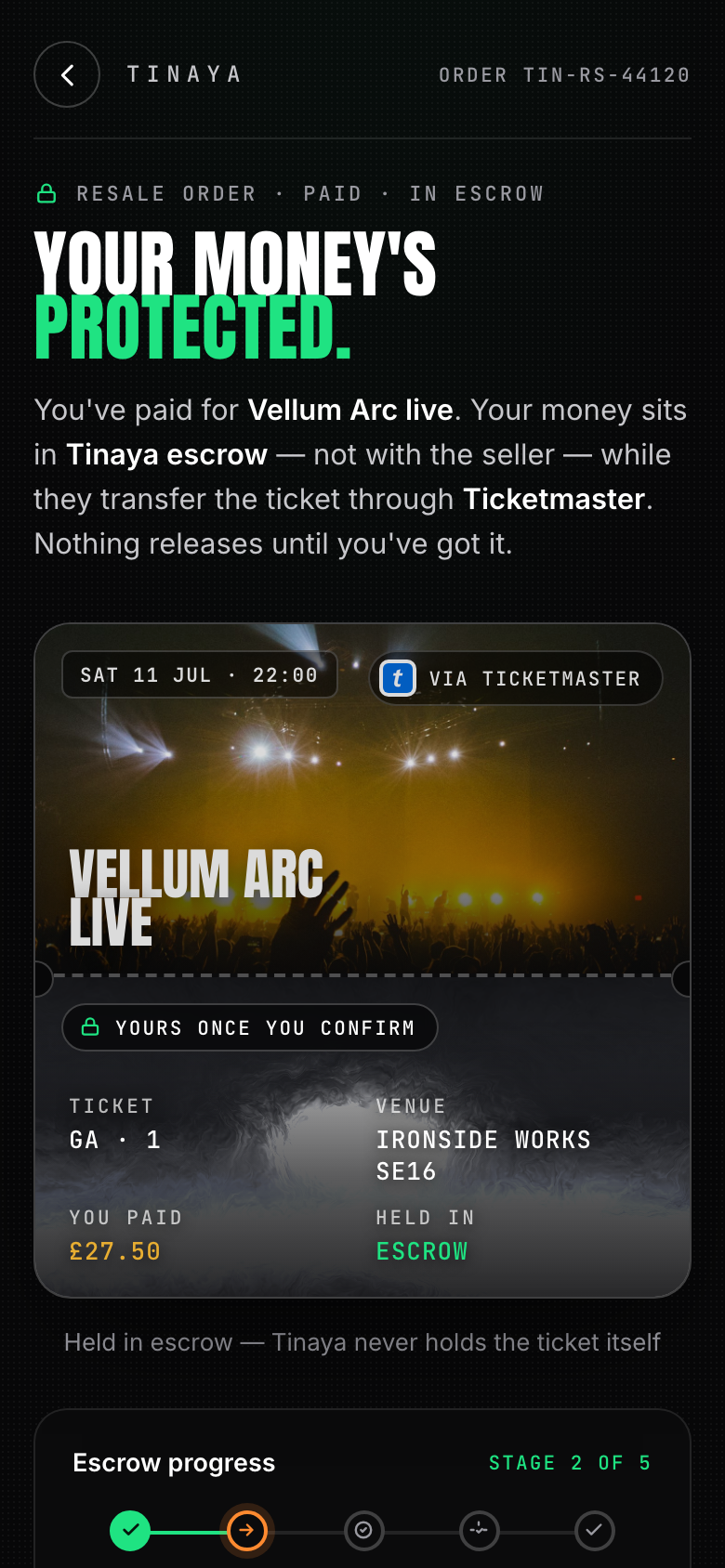 External tickets verified and held in escrow