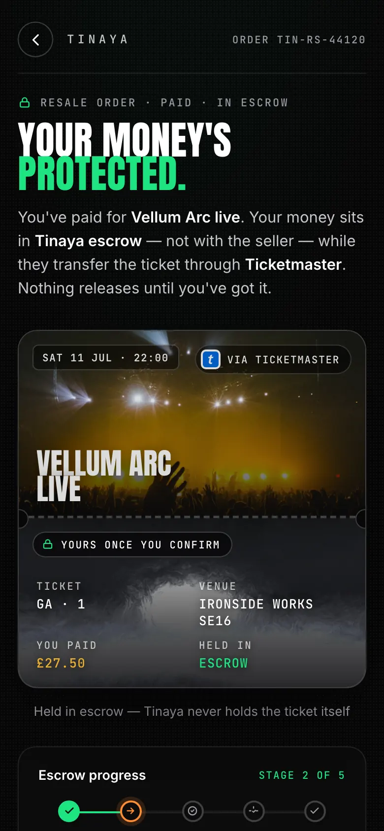 External tickets verified and held in escrow