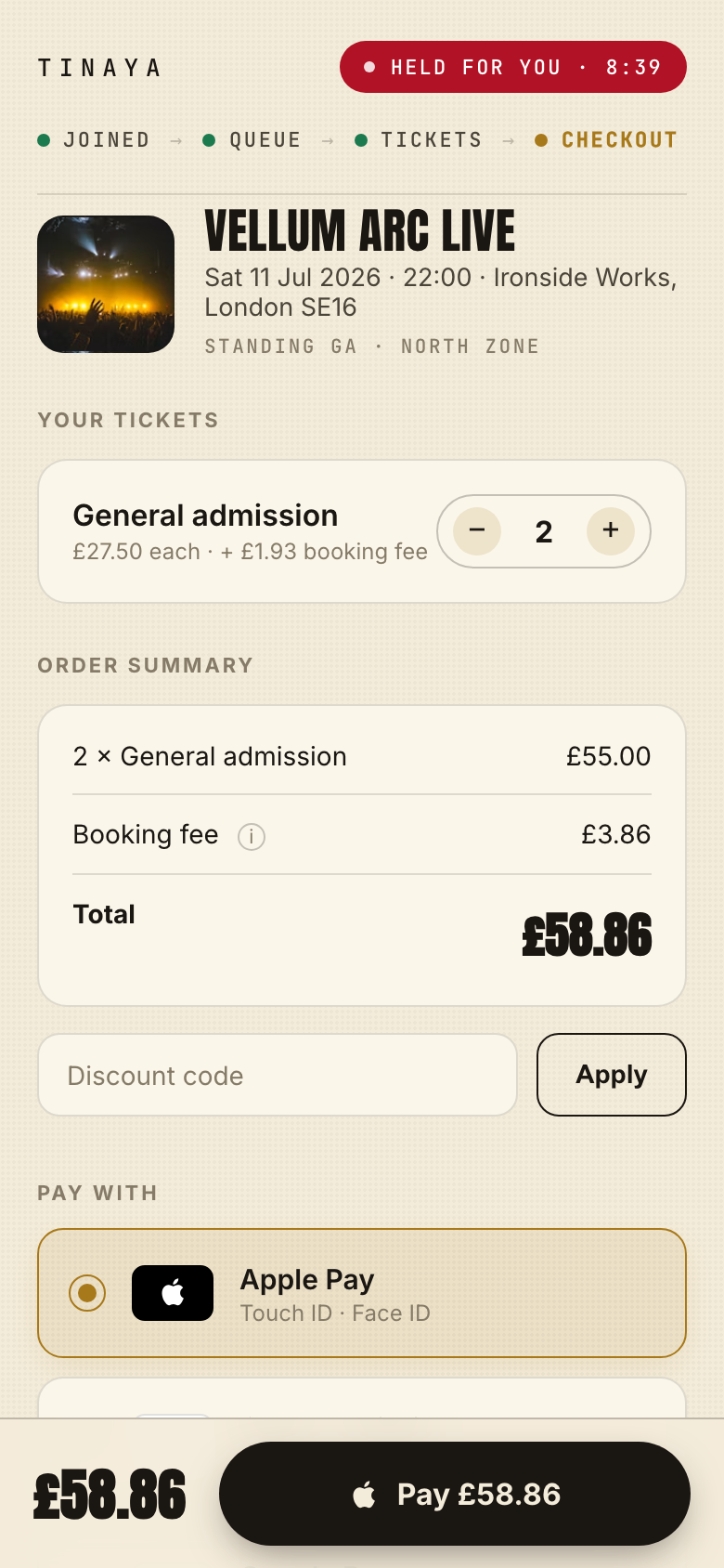Fan checkout, fees shown before paying