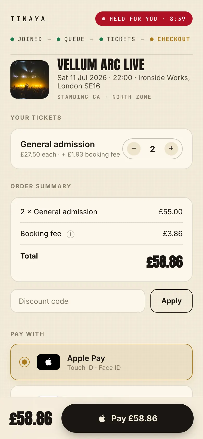 Fan checkout, fees shown before paying