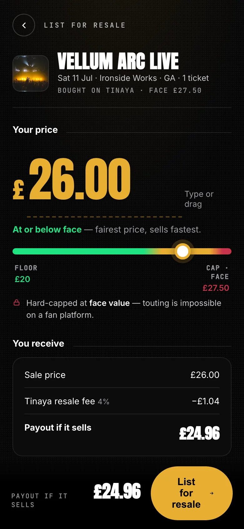 Fan resale, every listing capped at face value